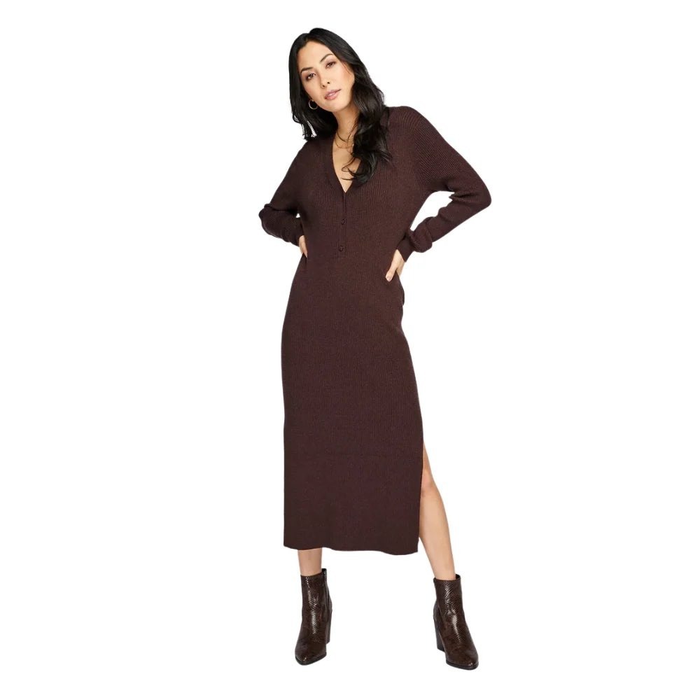 Gentle Fawn Brown Ribbed Knit Midi Henley Sweater Dress XL Long Sleeve Side Slit